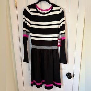 NWT (NEW) Vince Camuto | Black, White, Pink and Gray Striped Sweater Dress, XS